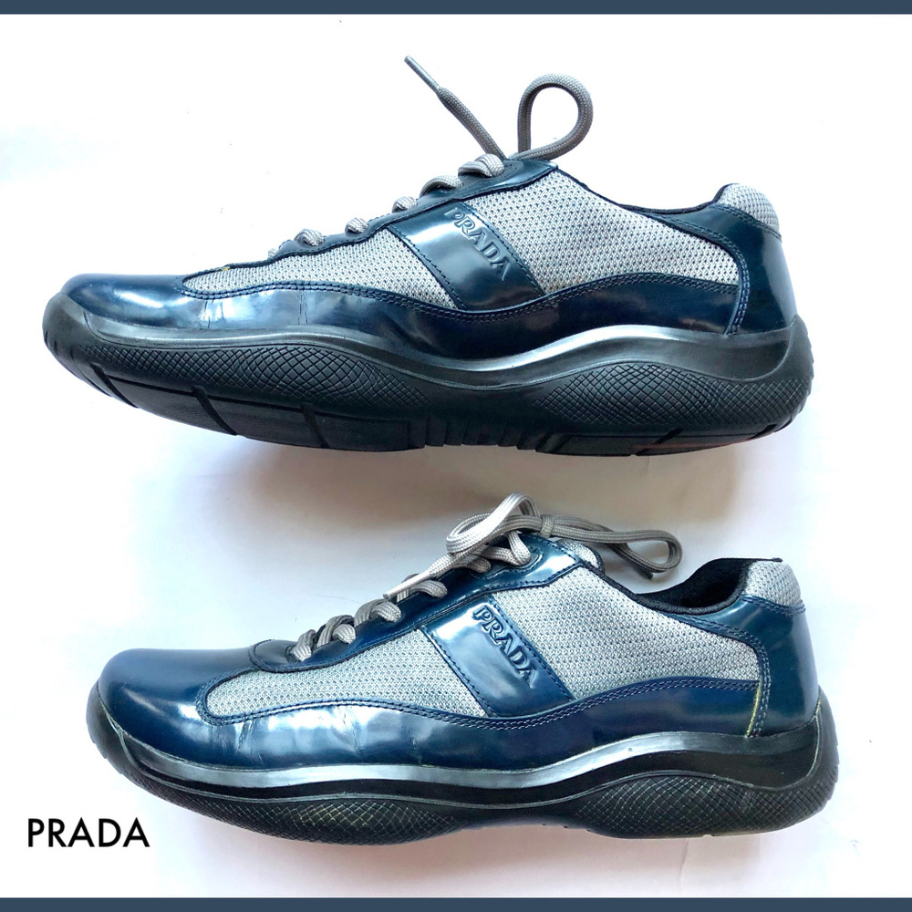 SOLD! Prada Leather Navy Blue Black Sneakers 9.5 - Picture 6 of 8